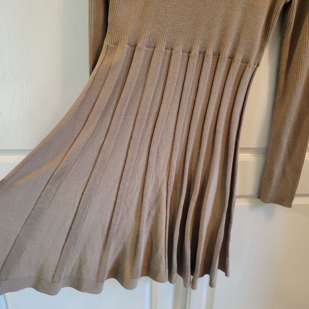 Calvin Klein Tan Cowl Neck Long Sleeve Pleated Sweater Dress - Picture 4 of 8